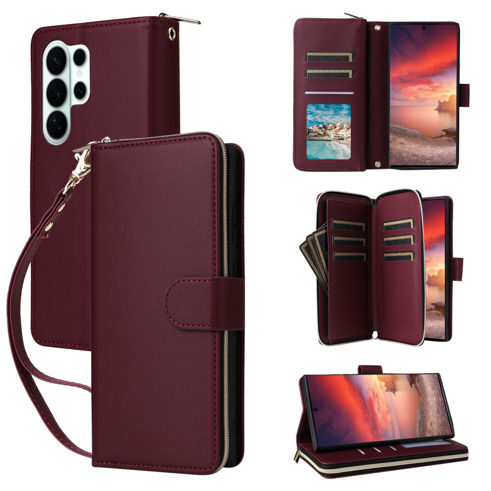 (Wine ) For Samsung Galaxy S26 Ultra Case 9 Card Slots Zipper Pocket Pu Leather Phone Cover With Wrist Strap Red 6914290104499