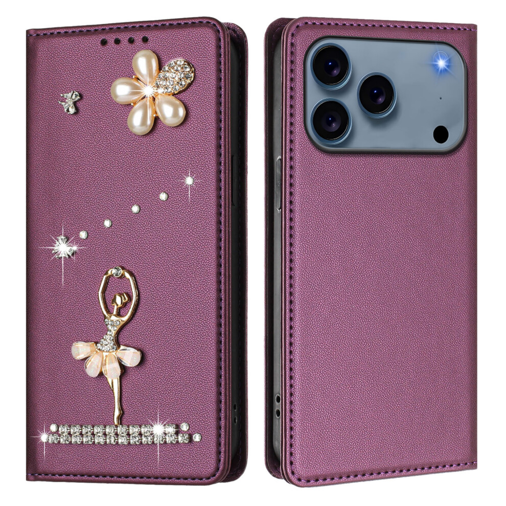 (Violet) For Iphone 17 Pro Leather Case Rfid Blocking Wallet Stand Rhinestones Ballet Dancer Flip Phone Cover 6914291728243