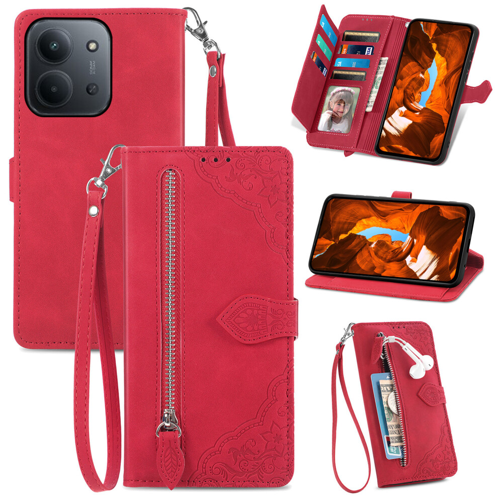 (Red) Phone Case For Xiaomi Poco C85 4G (173Mm) / Mi 15C 4G (Eu) (173Mm) / 15C 5G (Eu) (173Mm) Zipper Wallet With Strap Red 6914297983004