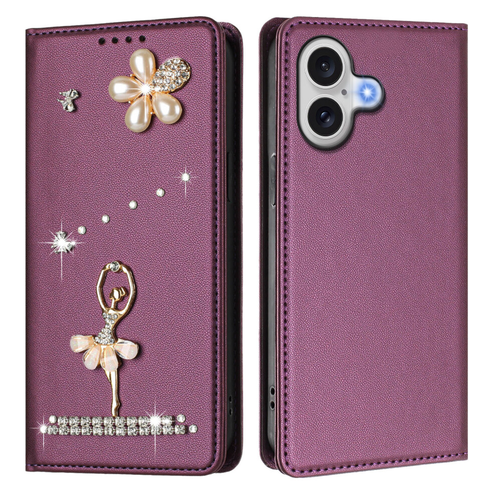 (Violet) For Iphone 17 Leather Case Rfid Blocking Wallet Stand Rhinestones Ballet Dancer Flip Phone Cover 6914294081017