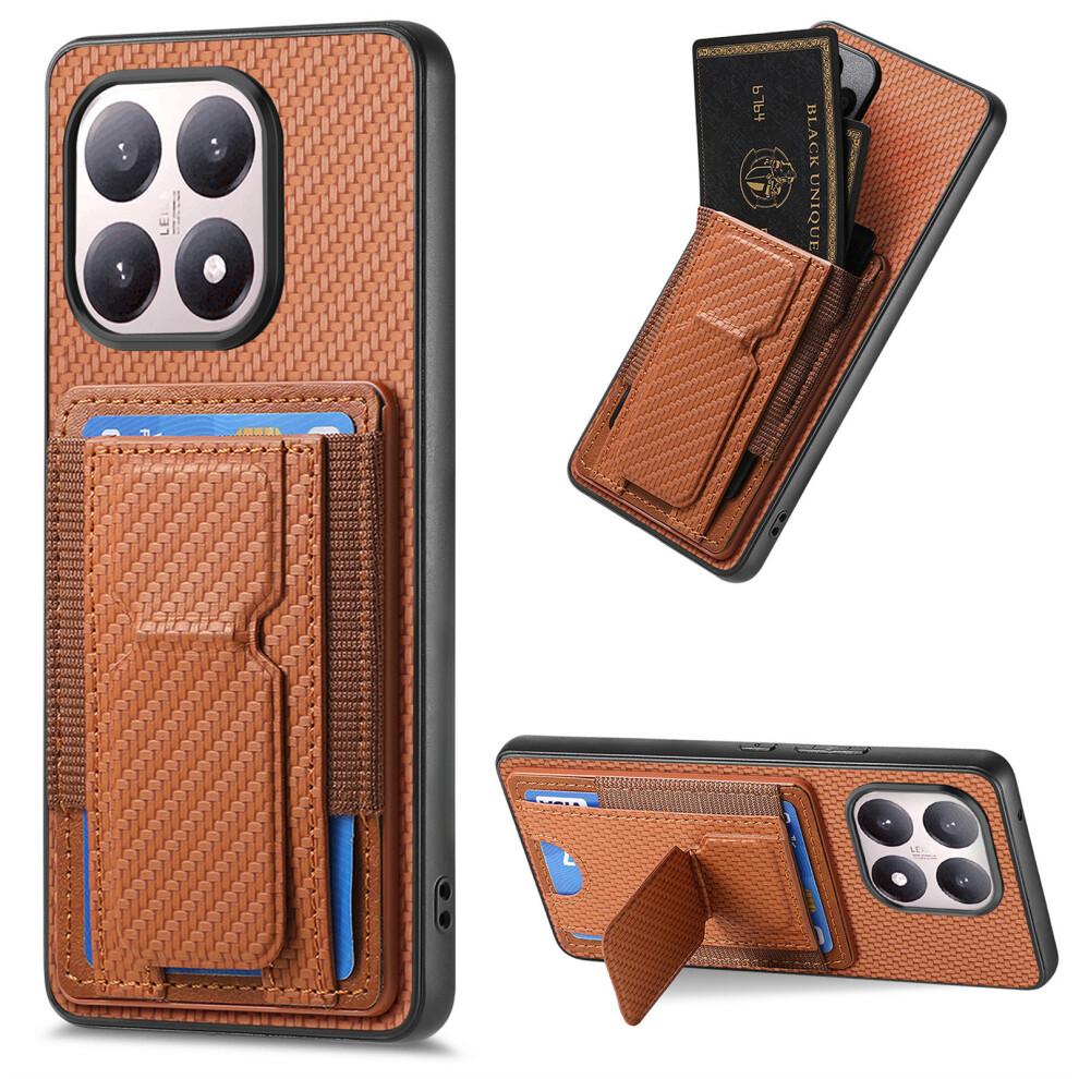 (Brown) For Xiaomi 15T Case With Card Holder Kickstand Fiber Pattern Leather Back Cover Brown 6914291383763