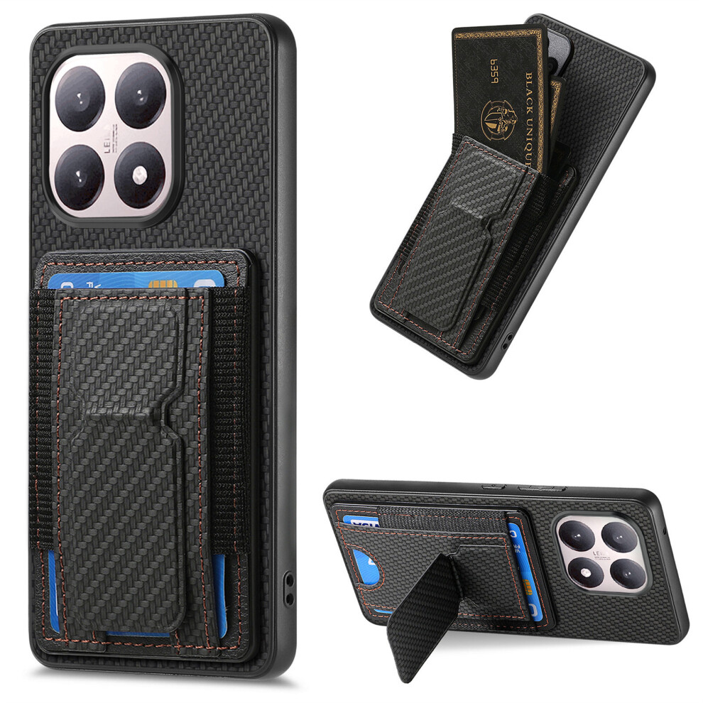 (Black) For Xiaomi 15T Case With Card Holder Kickstand Fiber Pattern Leather Back Cover Black 6914290089802