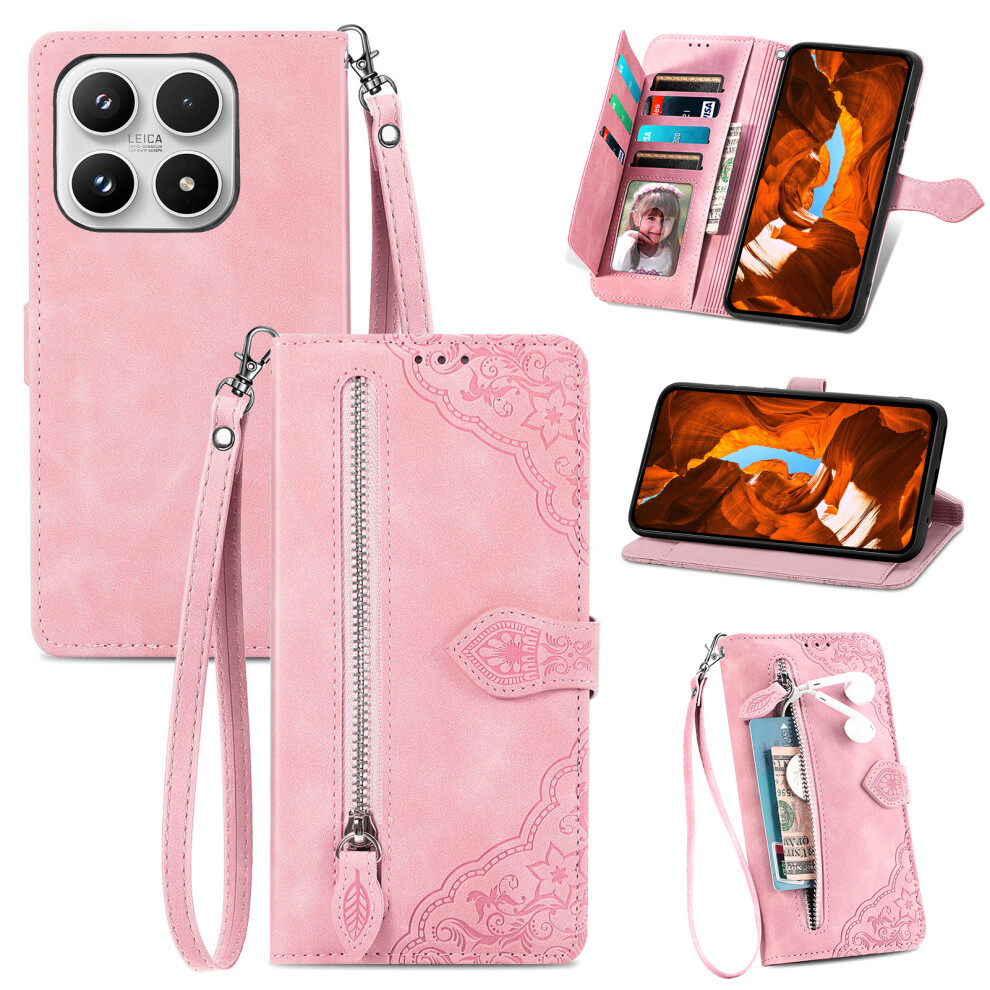 (Pink) For Xiaomi 17 Zipper Wallet Case With Strap Flower Imprint Pu Leather Phone Cover Pink 6914294035584