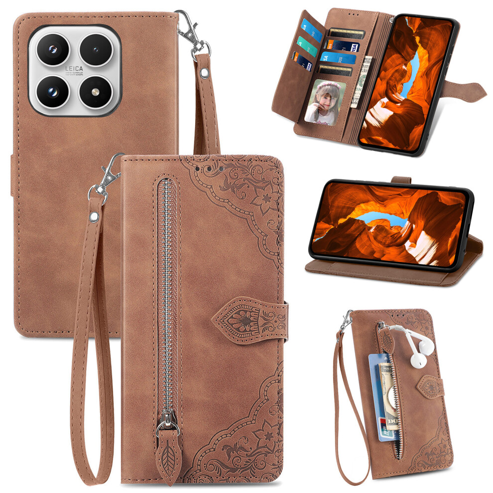 (Brown) For Xiaomi 17 Zipper Wallet Case With Strap Flower Imprint Pu Leather Phone Cover Brown 6914296529708