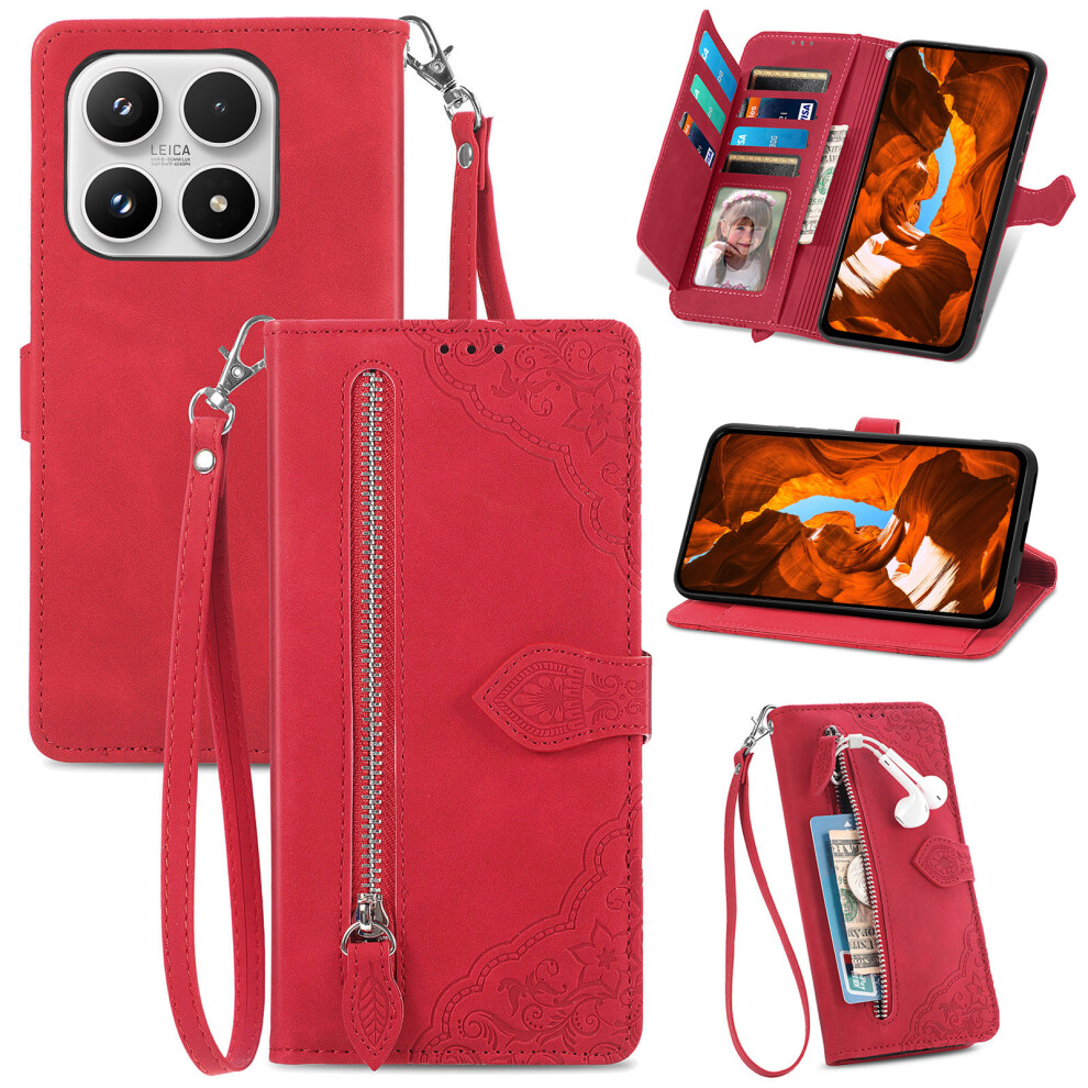 (Red) For Xiaomi 17 Zipper Wallet Case With Strap Flower Imprint Pu Leather Phone Cover Red 6914293470898
