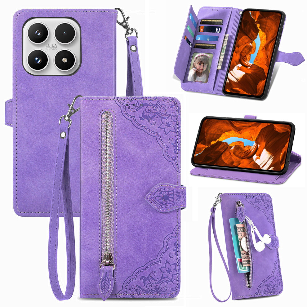 (Purple) For Xiaomi 17 Zipper Wallet Case With Strap Flower Imprint Pu Leather Phone Cover Purple 6914293476685