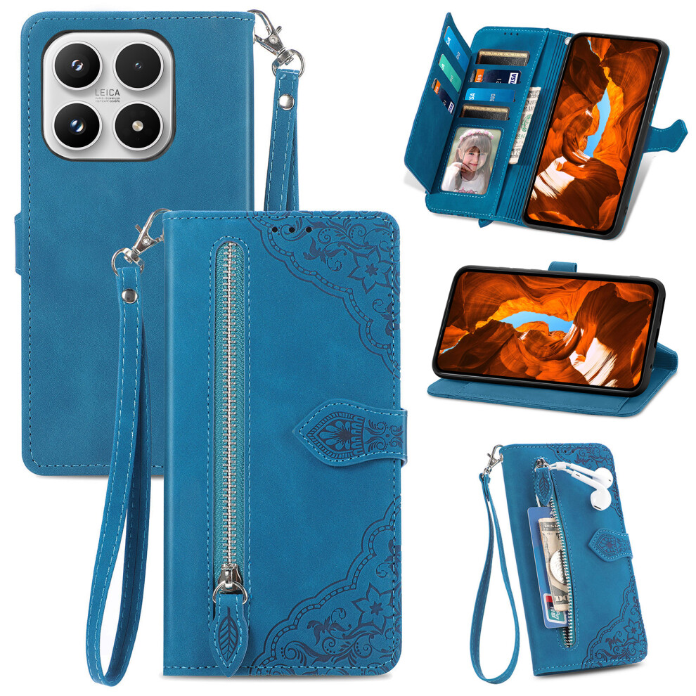 (Blue) For Xiaomi 17 Zipper Wallet Case With Strap Flower Imprint Pu Leather Phone Cover Blue 6914291834692