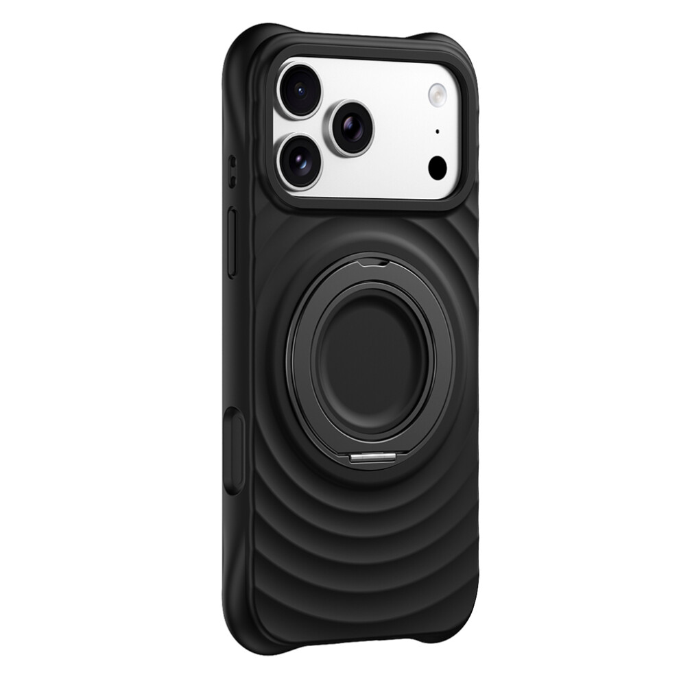 (Black) For Iphone 17 Pro Magnetic Case Rotating Kickstand Ripple Texture Liquid Silicone Shockproof Phone Cover Black 6914297517070