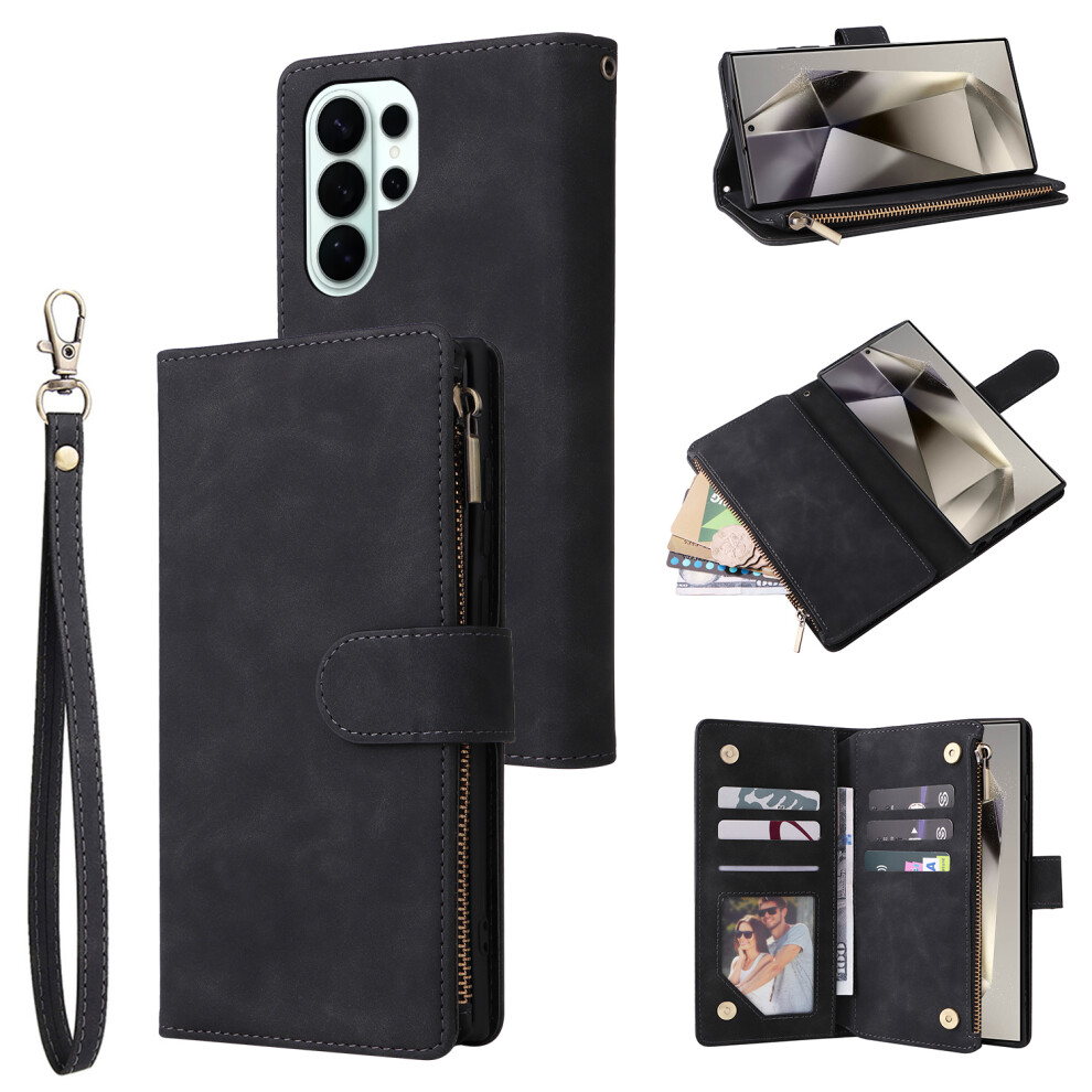 (Black) For Samsung Galaxy S26 Ultra Case Zipper Wallet Multiple Card Slots Leather Phone Cover With Wrist Strap Black 6914299075264