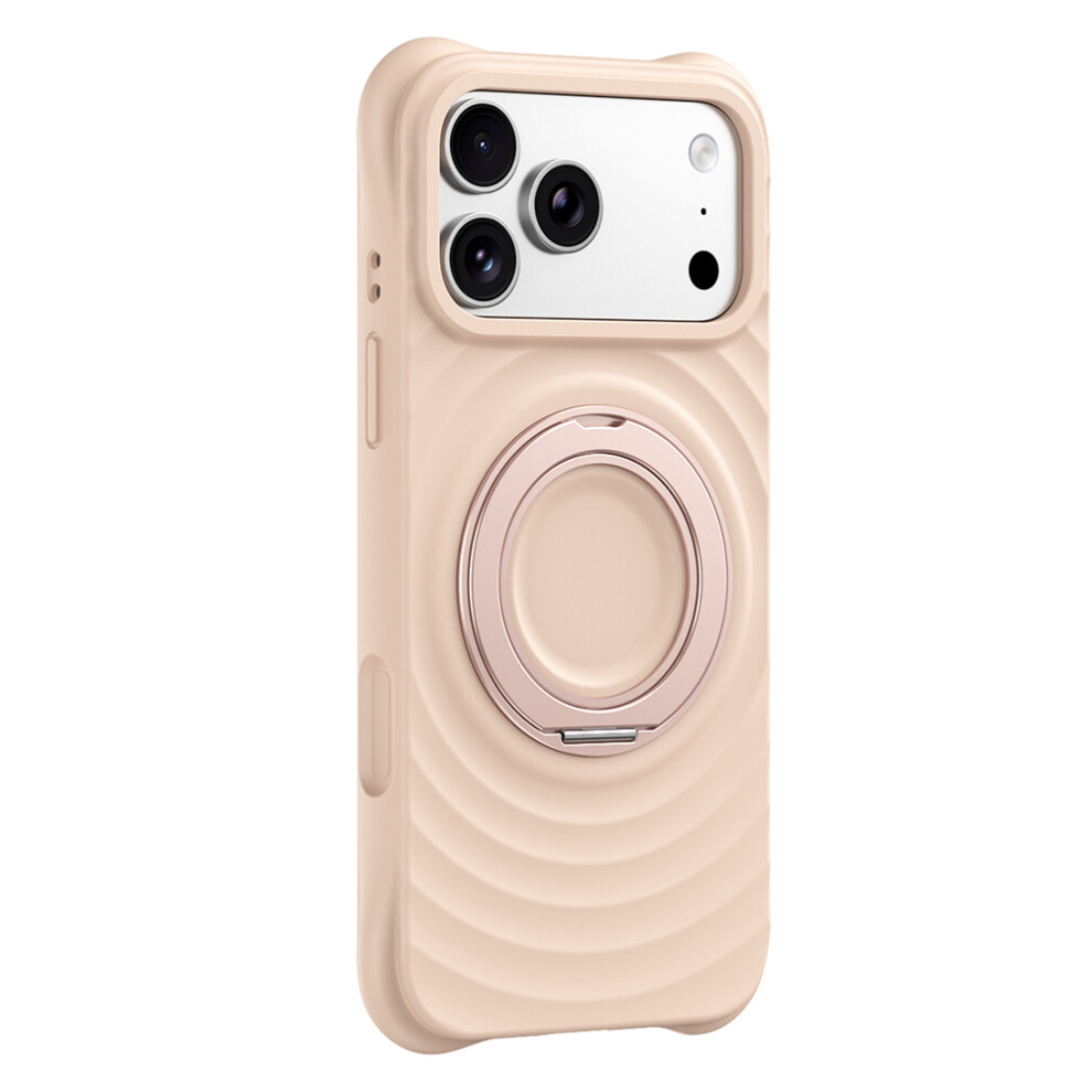 (Beige) For Iphone 17 Pro Magnetic Case Rotating Kickstand Ripple Texture Liquid Silicone Shockproof Phone Cover Cream 6914292216374