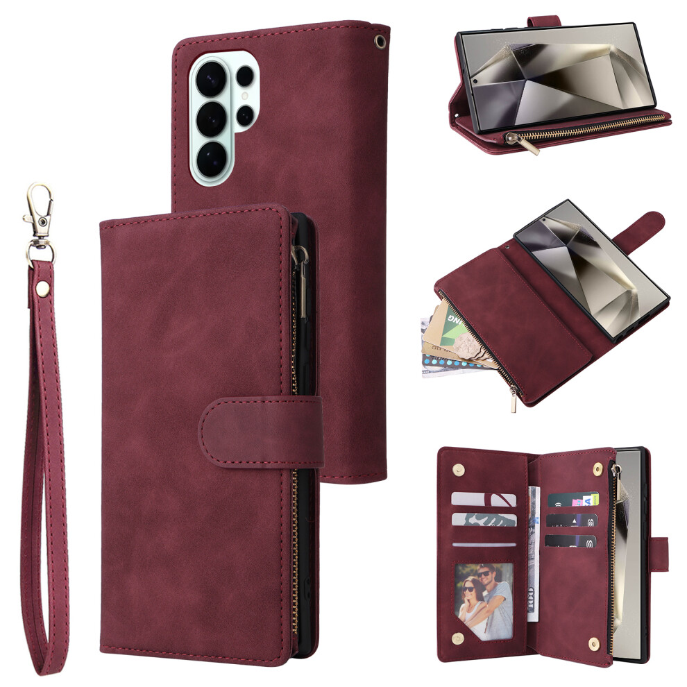 (Wine ) For Samsung Galaxy S26 Ultra Case Zipper Wallet Multiple Card Slots Leather Phone Cover With Wrist Strap Red 6914296251364