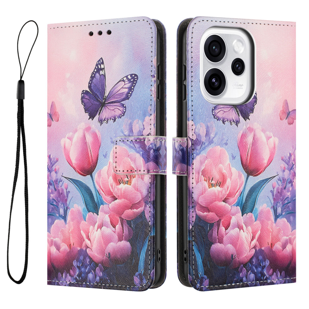 ( Flower Butterfly) For Oppo Reno15 5G (China) / Oppo Reno15 Pro 5G (Global) Wallet Case Pattern Printing Pu Leather Phone Cover With Lanyar Pink 6914297461595