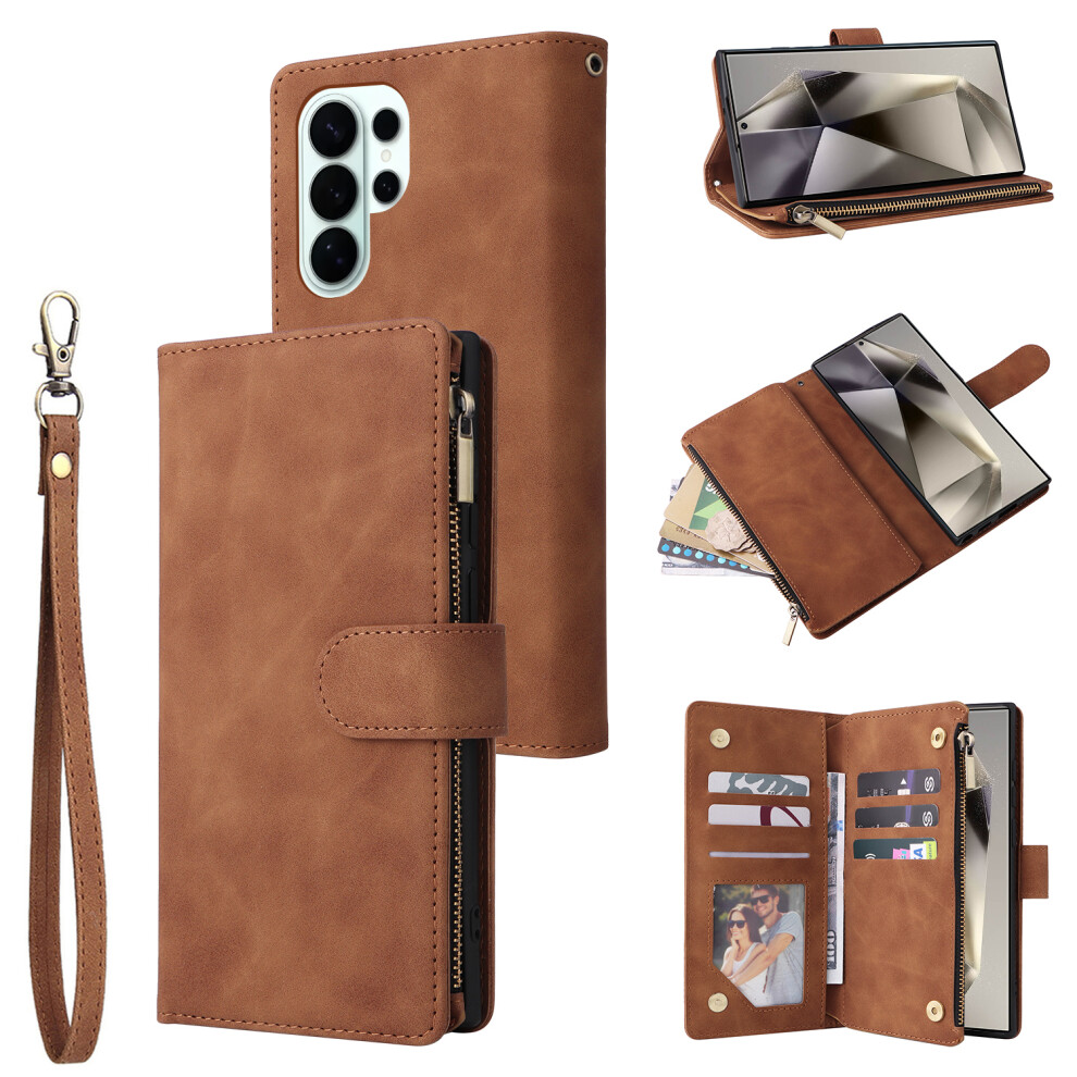 (Brown) For Samsung Galaxy S26 Ultra Case Zipper Wallet Multiple Card Slots Leather Phone Cover With Wrist Strap Brown 6914291877934