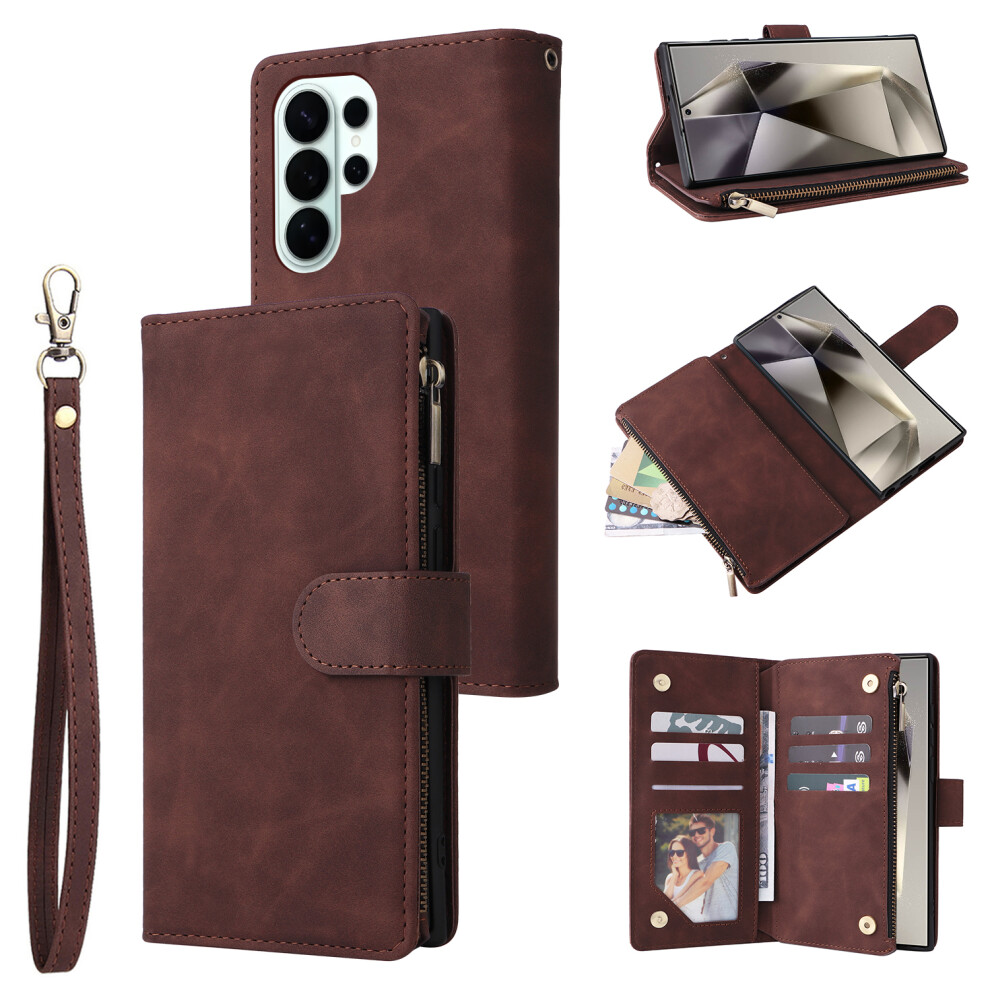 (Coffee) For Samsung Galaxy S26 Ultra Case Zipper Wallet Multiple Card Slots Leather Phone Cover With Wrist Strap Brown 6914291113070