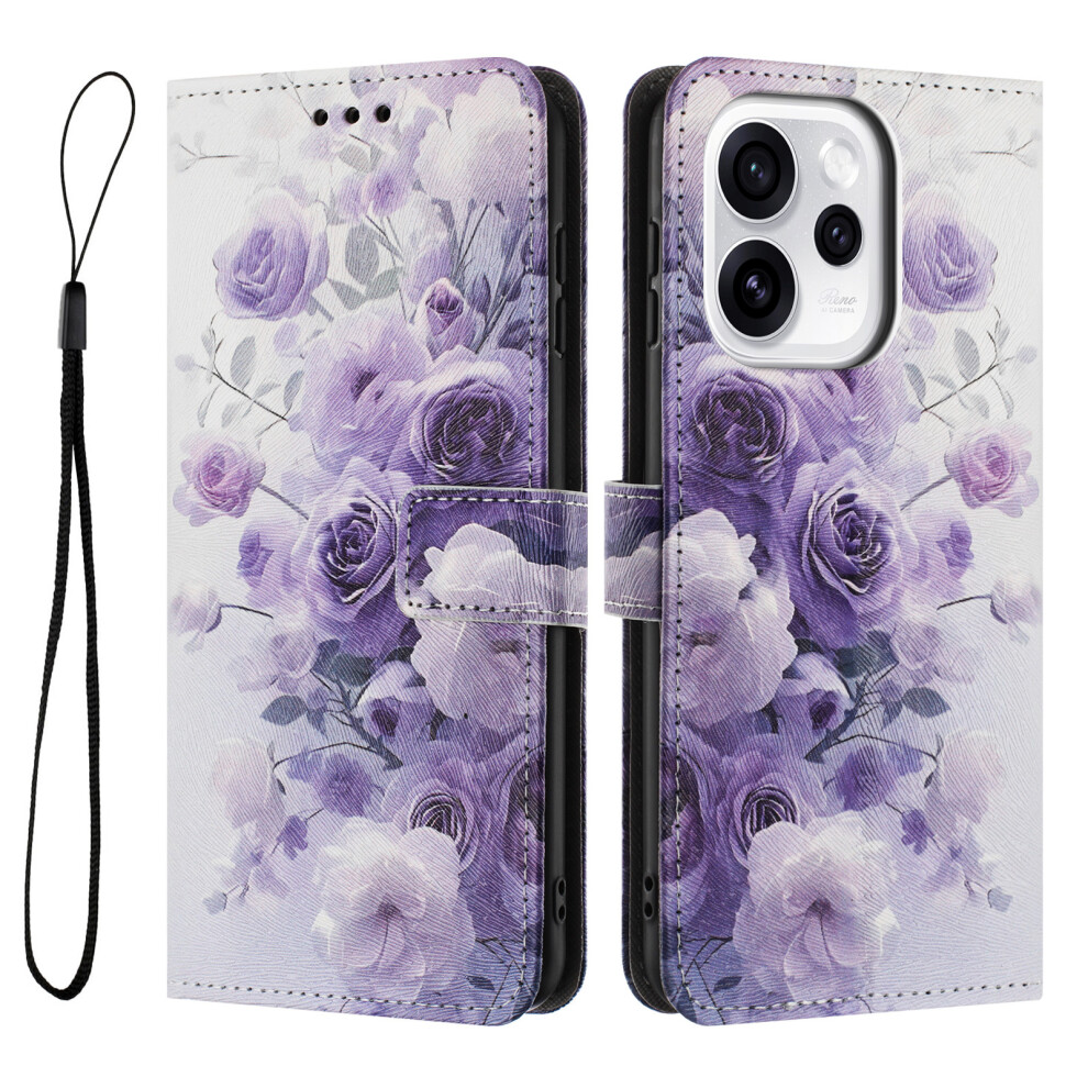 ( Rose) For Oppo Reno15 5G (China) / Oppo Reno15 Pro 5G (Global) Wallet Case Pattern Printing Pu Leather Phone Cover With Lanyar Purple 6914292949746