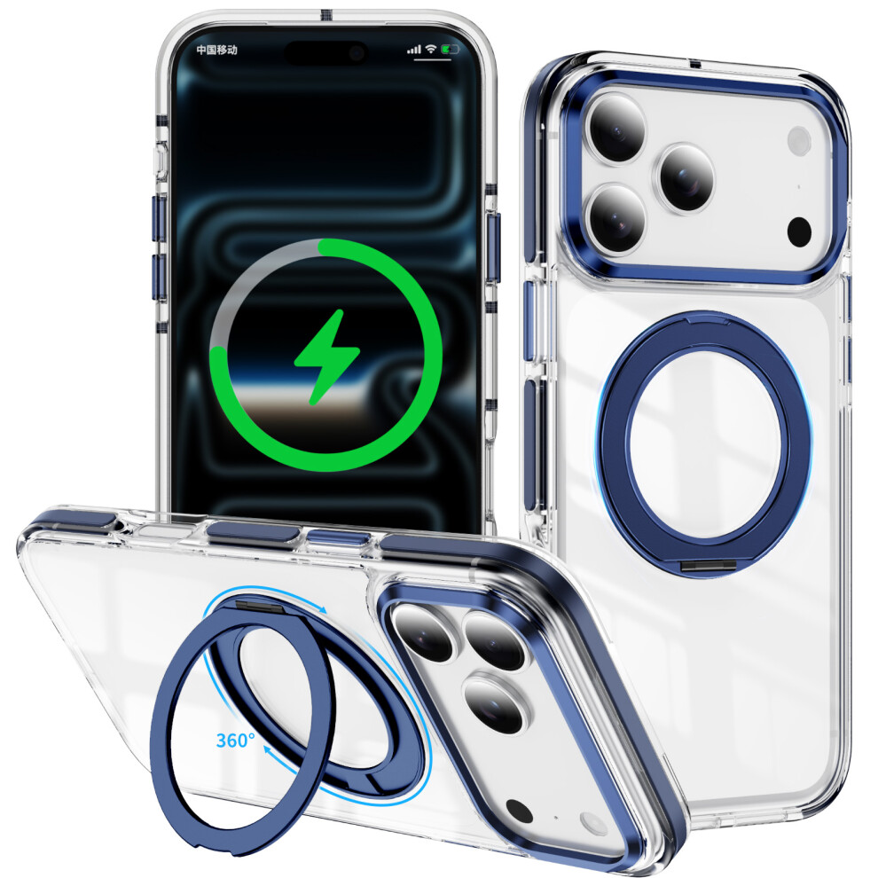 (Sapphire) For Iphone 17 Pro Max Case Compatible With Magsafe Rotating Kickstand Shockproof Tpu Pc Acrylic Clear Phone Back Cover Blue 6914293970855