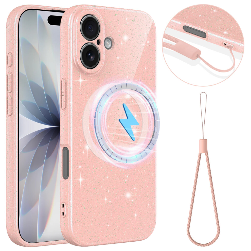 (Pink) For Iphone 17 Magnetic Case Glitter Tpu Shockproof Phone Cover With Lanyard Compatible With Magsafe Pink 6914293017277