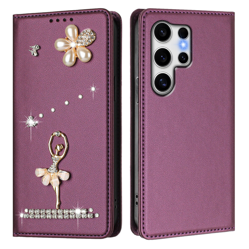 (Violet) For Samsung Galaxy S25 Ultra Leather Case Rfid Blocking Wallet Stand Rhinestones Ballet Dancer Flip Phone Cover 6914292167980