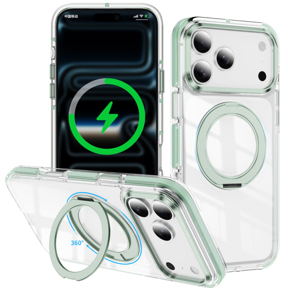 (Mint ) For Iphone 17 Pro Case Compatible With Magsafe Rotating Kickstand Shockproof Tpu Pc Acrylic Clear Phone Back Cover Green 6914290992980