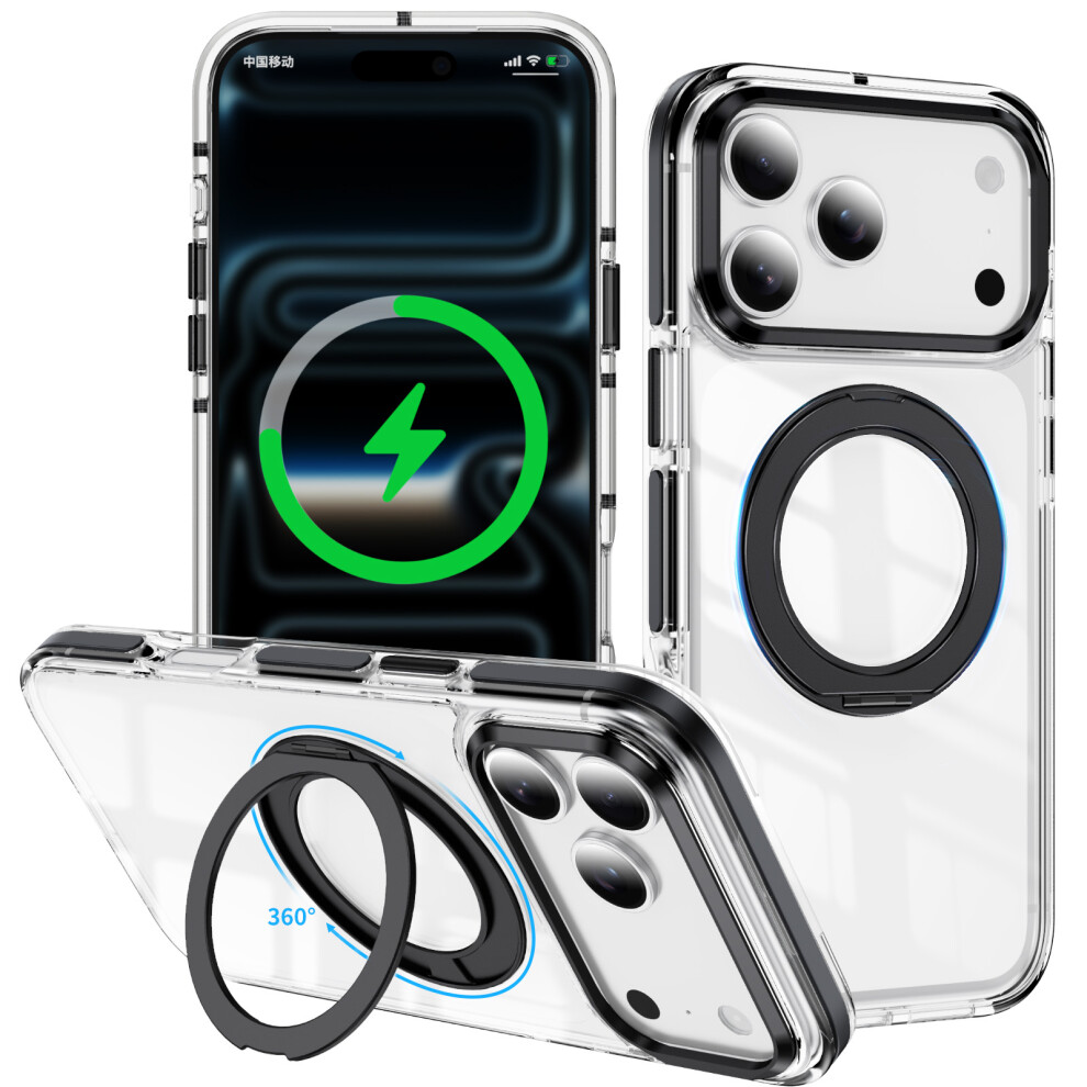 (Black) For Iphone 17 Pro Max Case Compatible With Magsafe Rotating Kickstand Shockproof Tpu Pc Acrylic Clear Phone Back Cover Black 6914294506282
