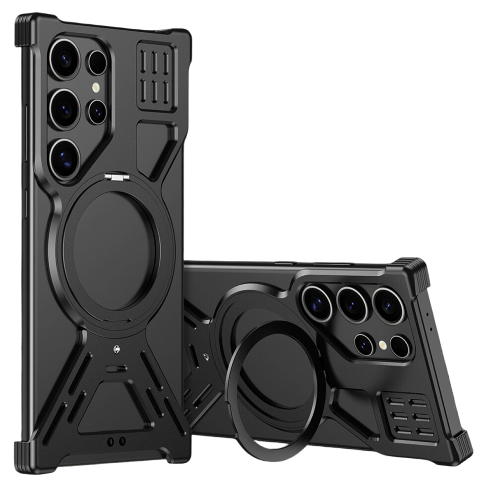 (Black) For Samsung Galaxy S24 Ultra Magnetic Bumper Case Rotating Kickstand Metal Phone Cover Black 6914294265370
