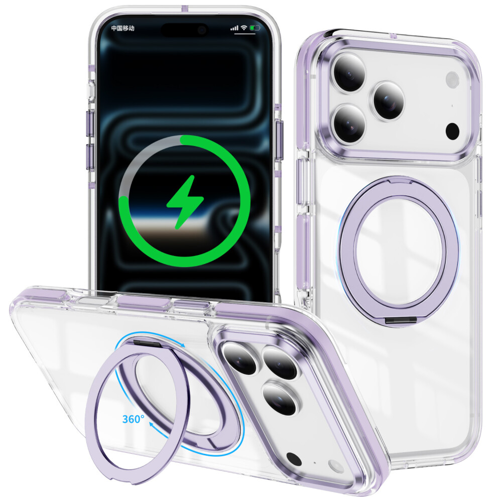 (Purple) For Iphone 17 Pro Max Case Compatible With Magsafe Rotating Kickstand Shockproof Tpu Pc Acrylic Clear Phone Back Cover Purple 6914294408203