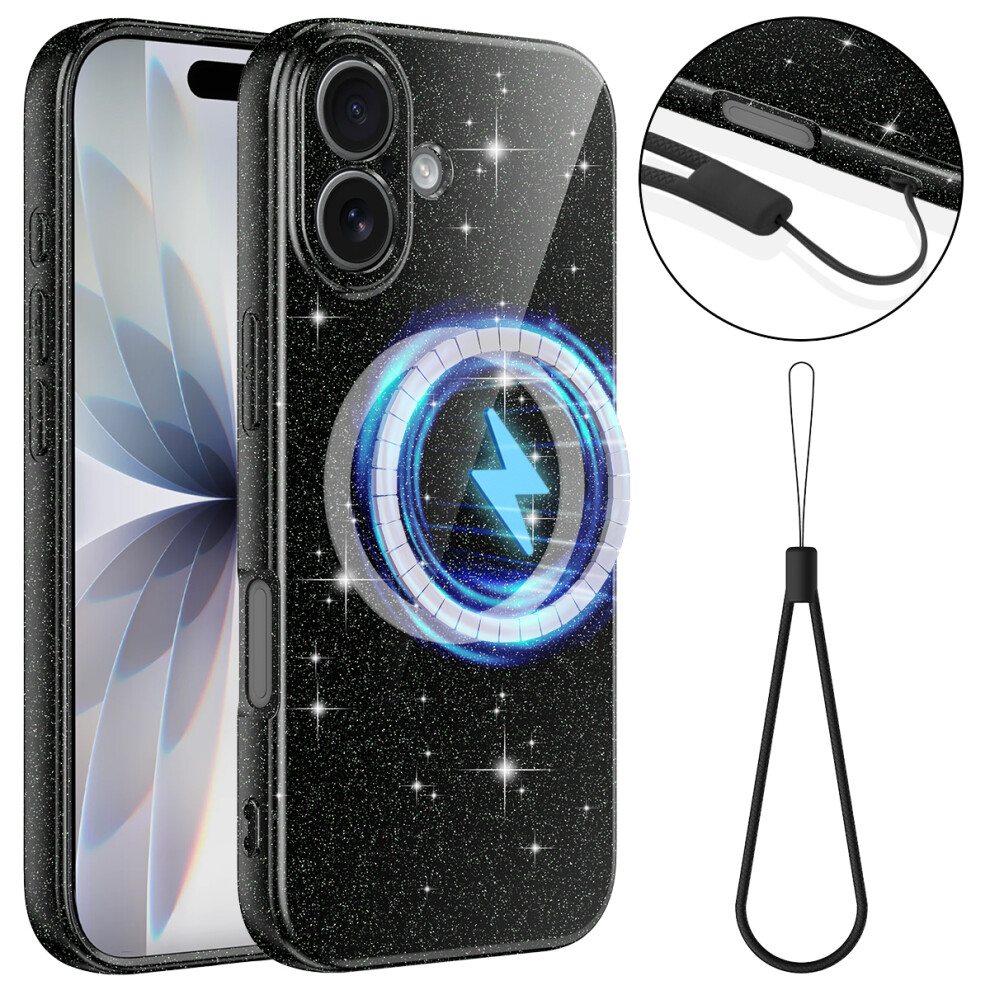 (Black) For Iphone 17 Magnetic Case Glitter Tpu Shockproof Phone Cover With Lanyard Compatible With Magsafe Black 6914294156111