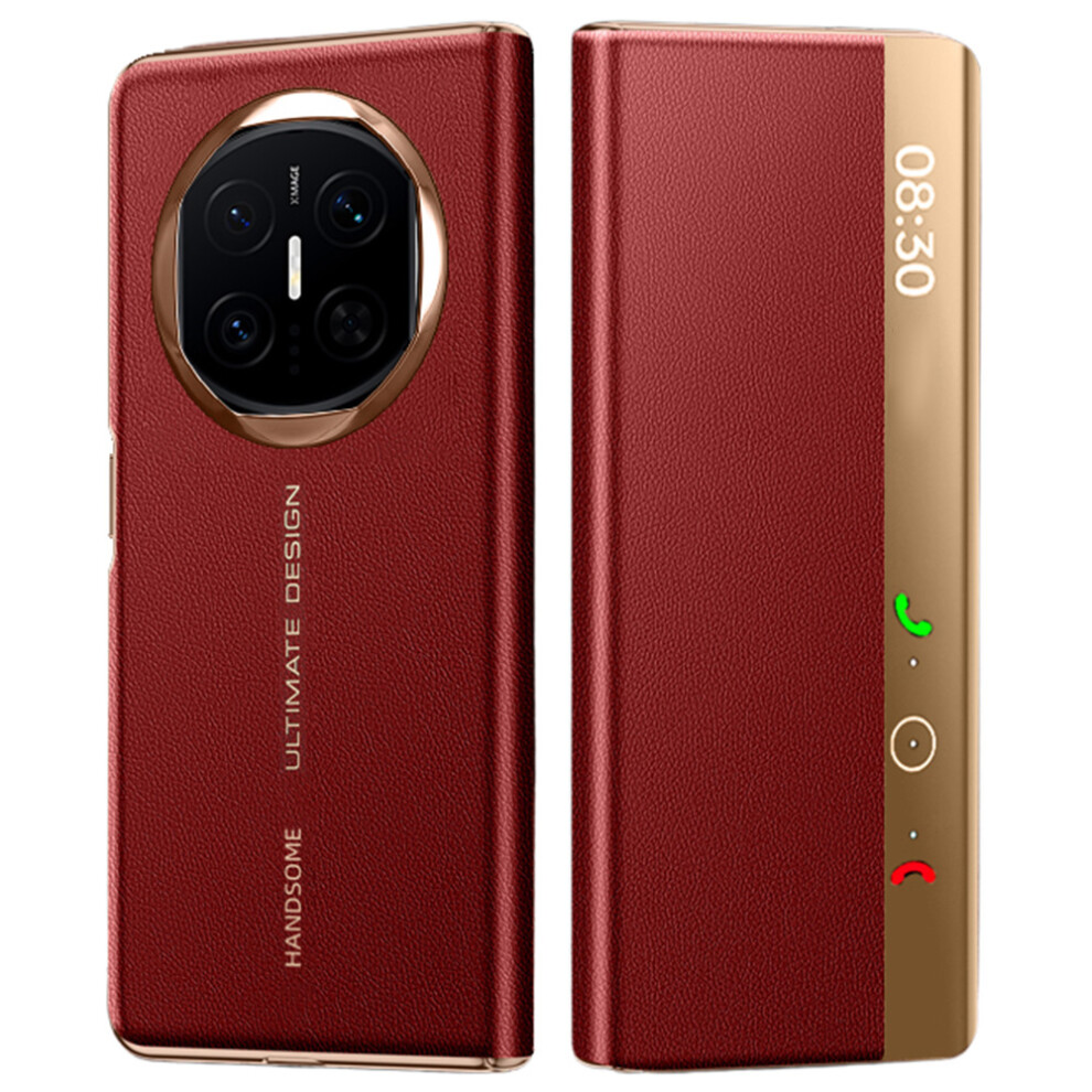 (Red / Gold) For Huawei Mate X7 Case Litchi Texture Leather Smart View Flip Phone Cover Full Protection Auto Sleep Wake Red,Gold 6914291086732