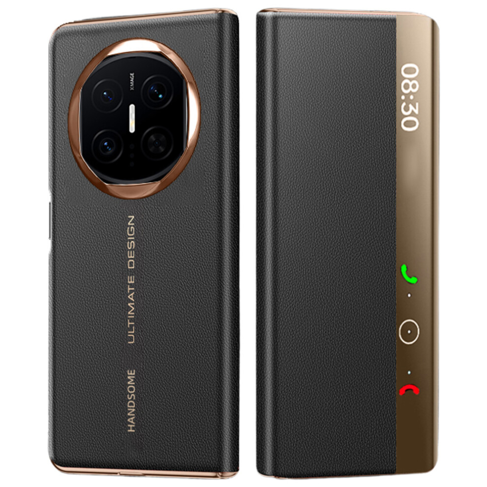 (Black / Gold) For Huawei Mate X7 Case Litchi Texture Leather Smart View Flip Phone Cover Full Protection Auto Sleep Wake Black,Gold 6914299071624