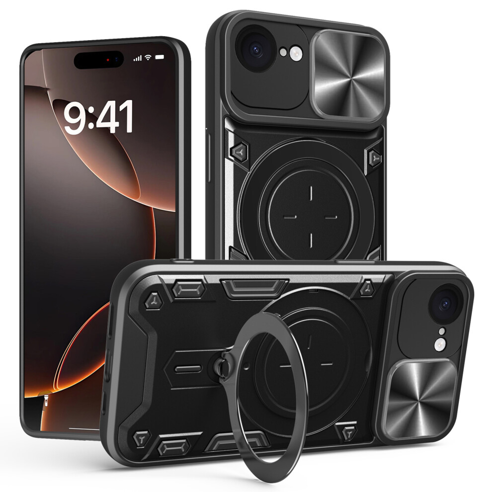 (Black) For Iphone 17E / 16E Case Tpu + Pc Phone Cover With Kickstand Slide Lens Window Black 6914298562451