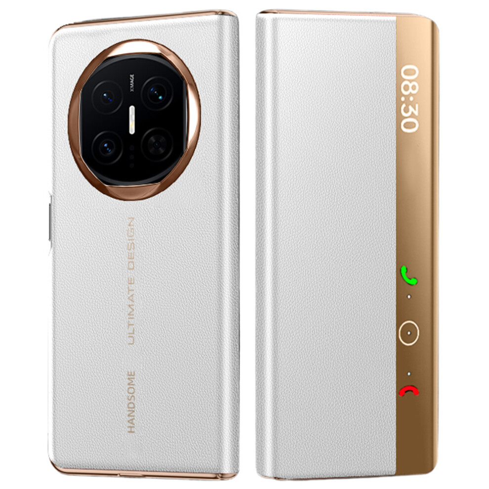 (White / Gold) For Huawei Mate X7 Case Litchi Texture Leather Smart View Flip Phone Cover Full Protection Auto Sleep Wake White,Gold 6914294676879