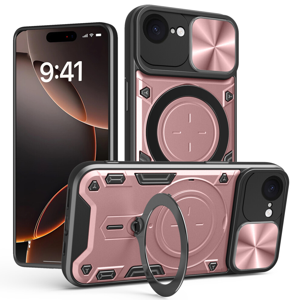 (Pink) For Iphone 17E / 16E Case Tpu + Pc Phone Cover With Kickstand Slide Lens Window Pink 6914290400539