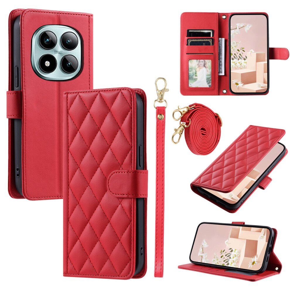 (Red) For Xiaomi Mi Note 15 Pro+ 5G (Global) / Poco M8 Pro 5G Case Wallet Rhombus Grid Pu Leather Phone Cover With Shoulder Red 6914293493040