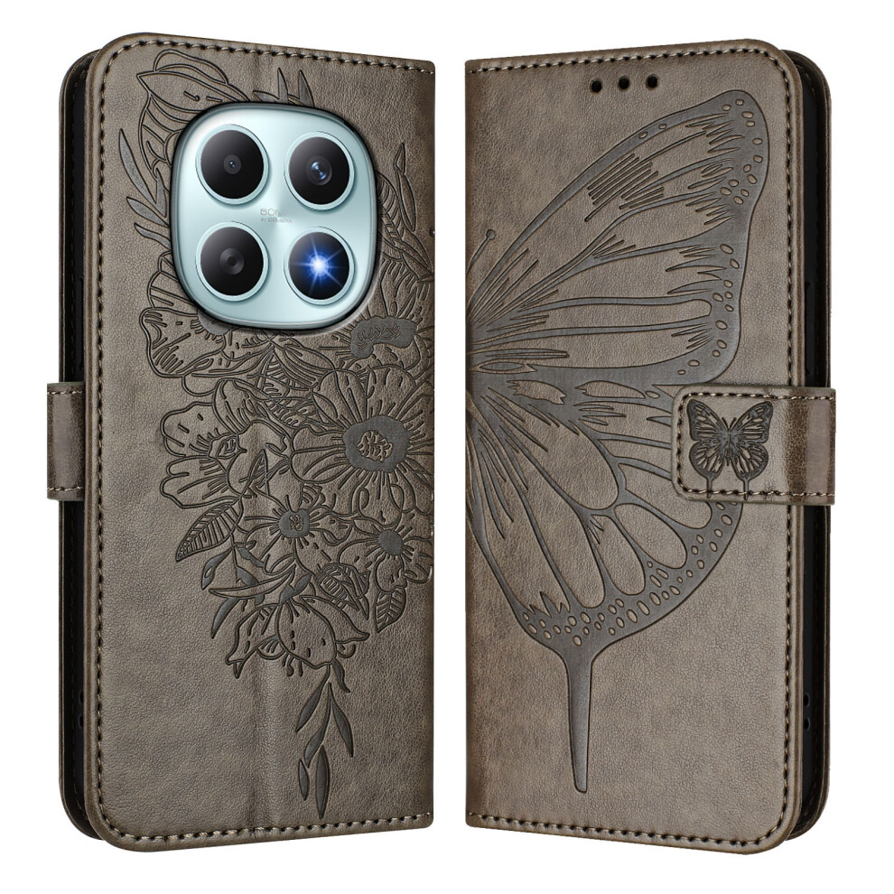 (Grey) For Xiaomi Poco M8 5G / Redmi Note 15 5G (Global) / 15 4G (Global) Wallet Case With Wrist Strap Butterfly Imprint Leathe Grey 6914294293175