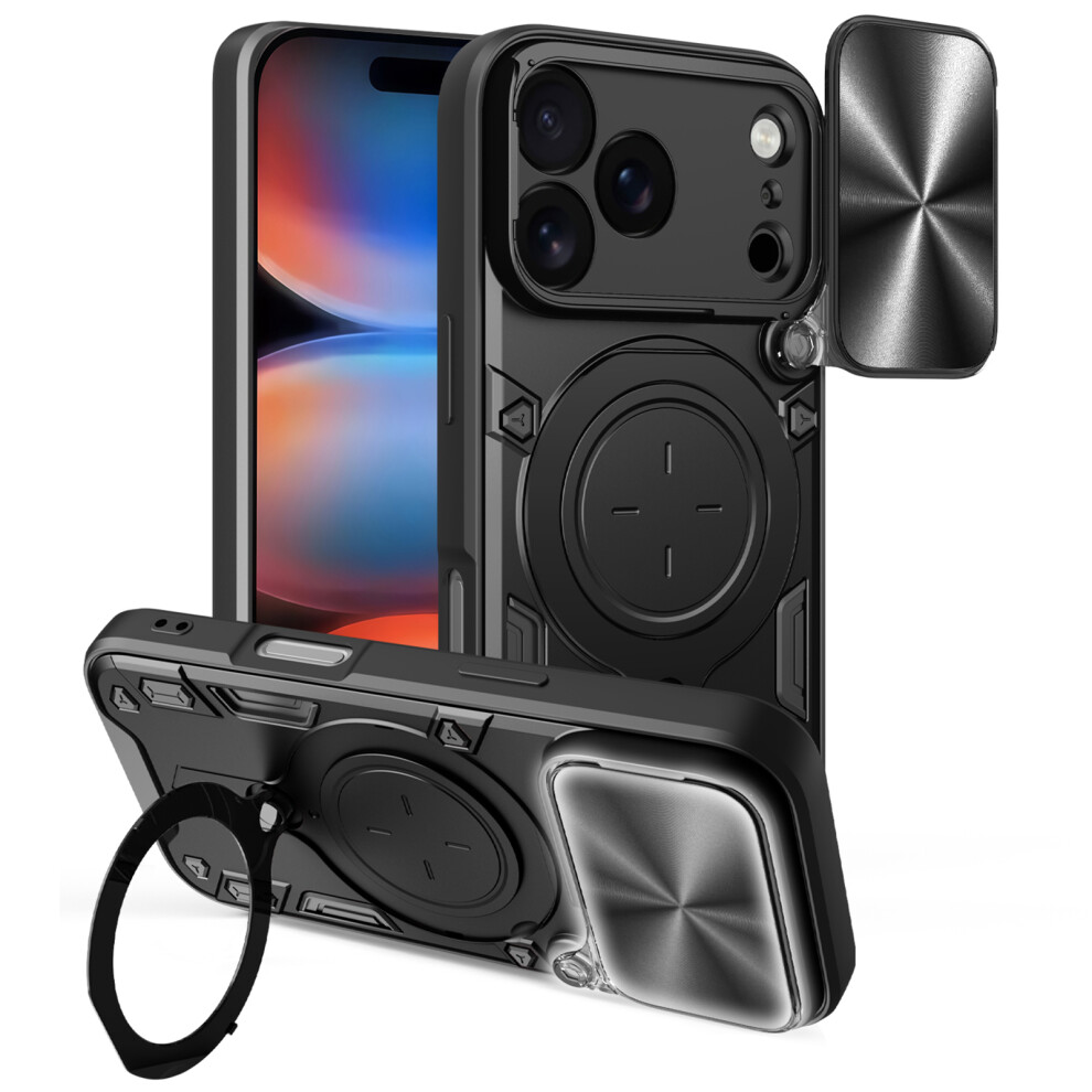 (Black) For Iphone 17 Pro Case Tpu + Pc Phone Cover With Kickstand Slide Lens Window Black 6914292228223