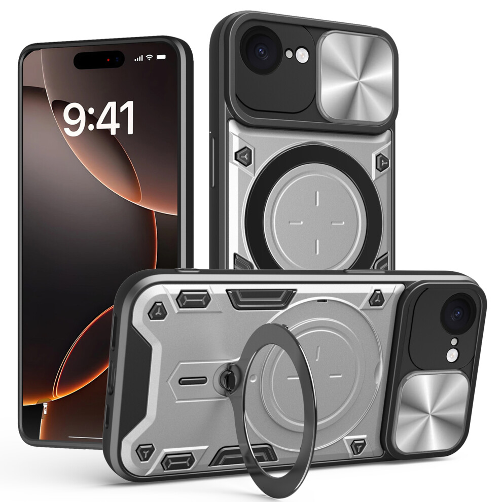 (Silver) For Iphone 17E / 16E Case Tpu + Pc Phone Cover With Kickstand Slide Lens Window Silver 6914290202836