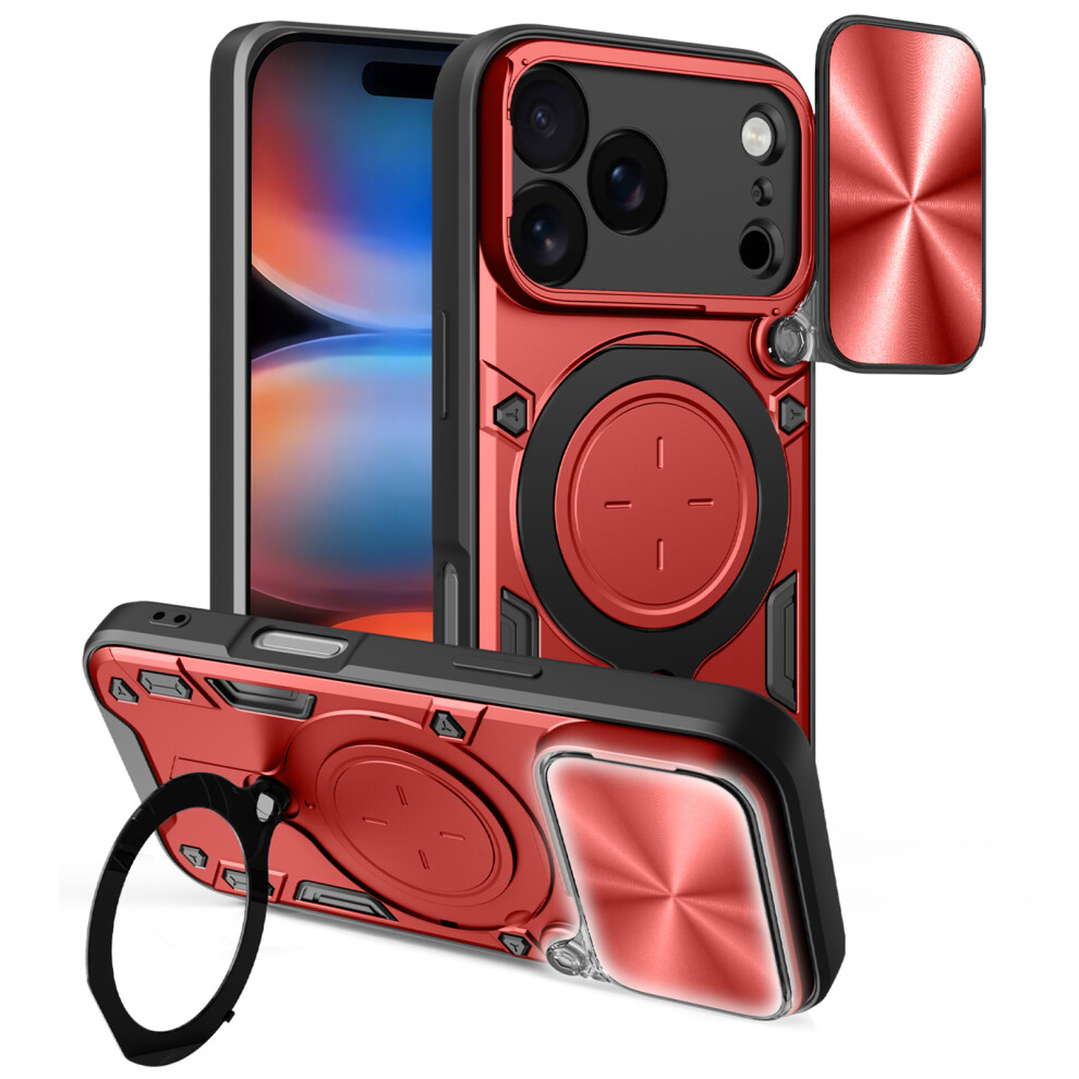 (Red) For Iphone 17 Pro Case Tpu + Pc Phone Cover With Kickstand Slide Lens Window Red 6914290123995