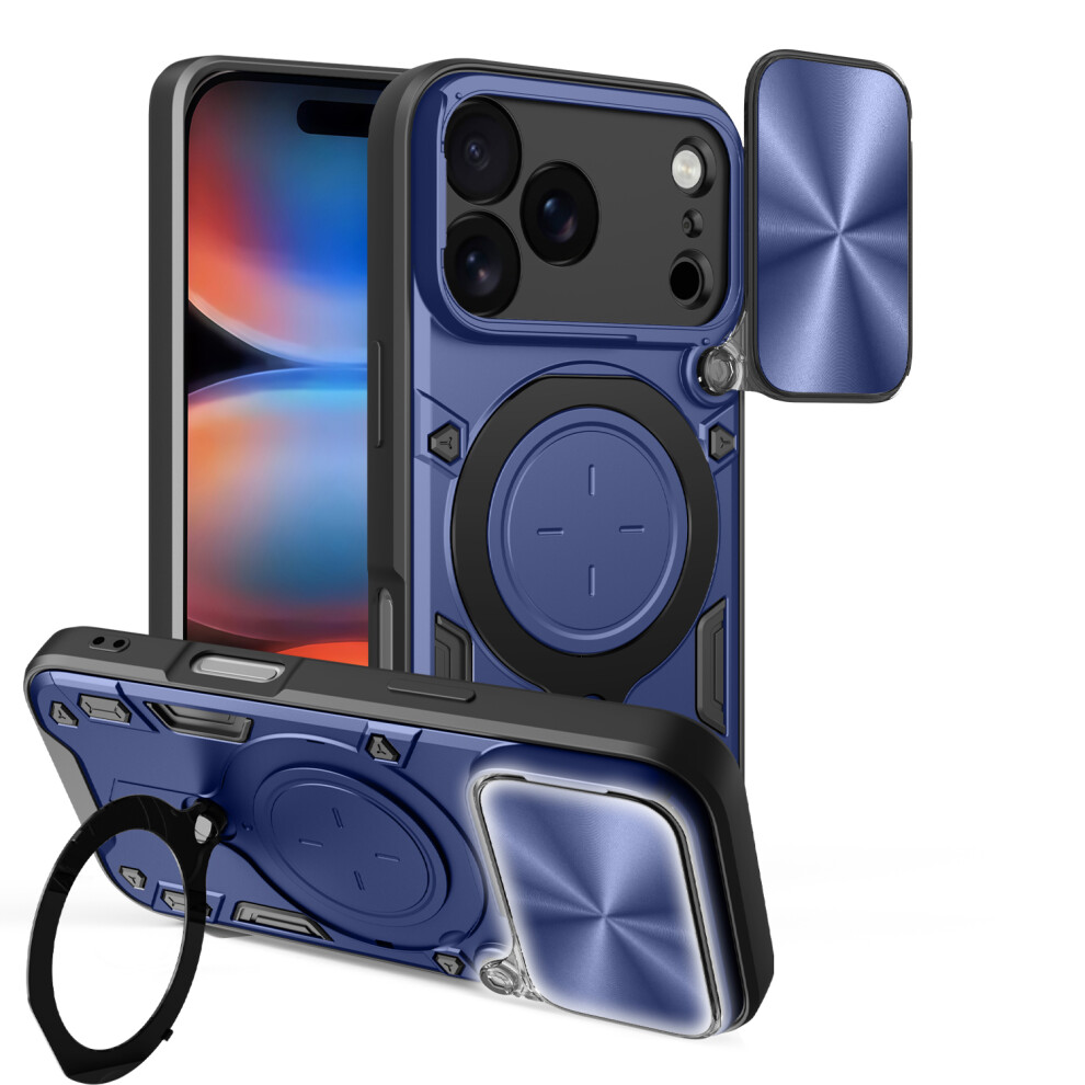 (Blue) For Iphone 17 Pro Case Tpu + Pc Phone Cover With Kickstand Slide Lens Window Blue 6914296379082