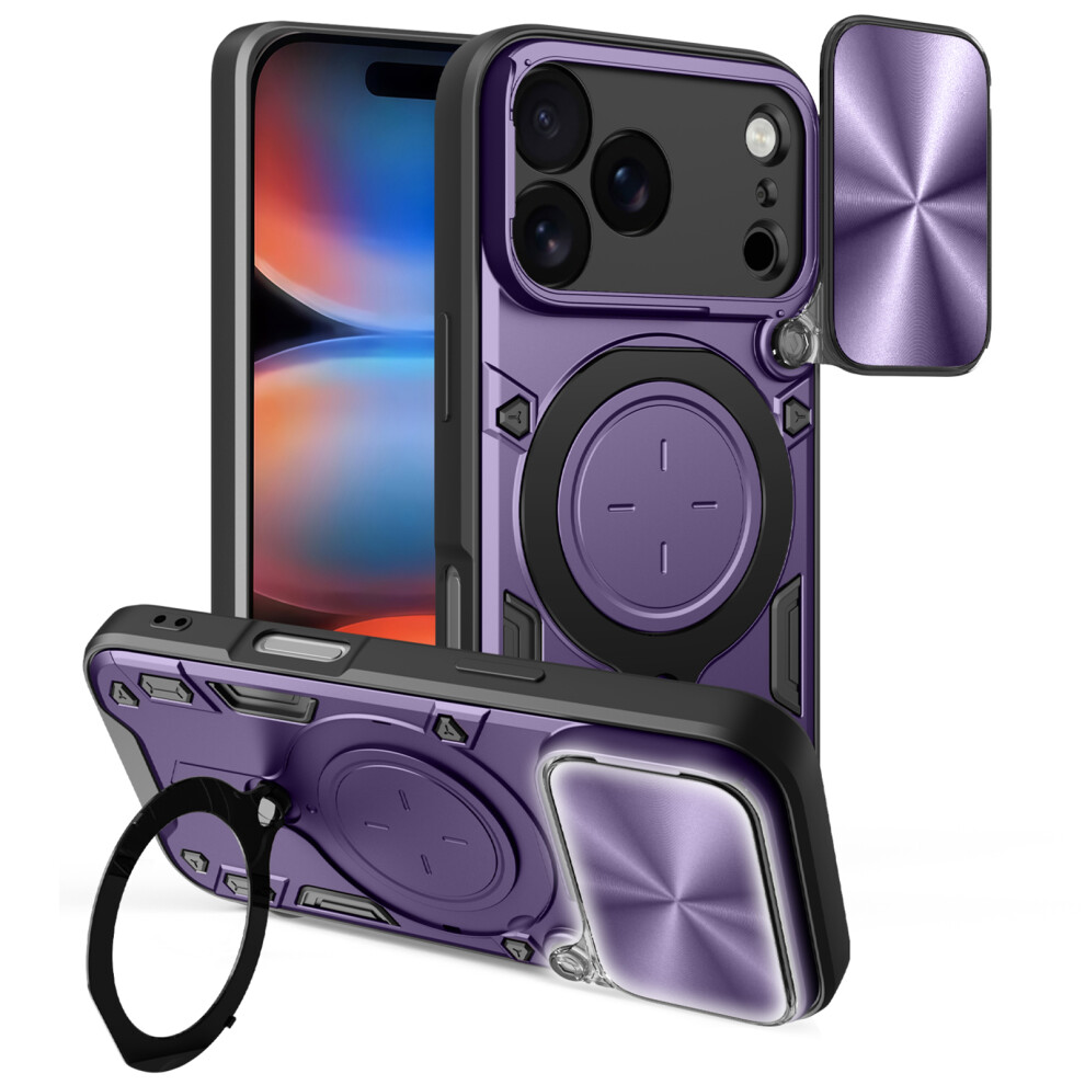 (Purple) For Iphone 17 Pro Case Tpu + Pc Phone Cover With Kickstand Slide Lens Window Purple 6914298395523