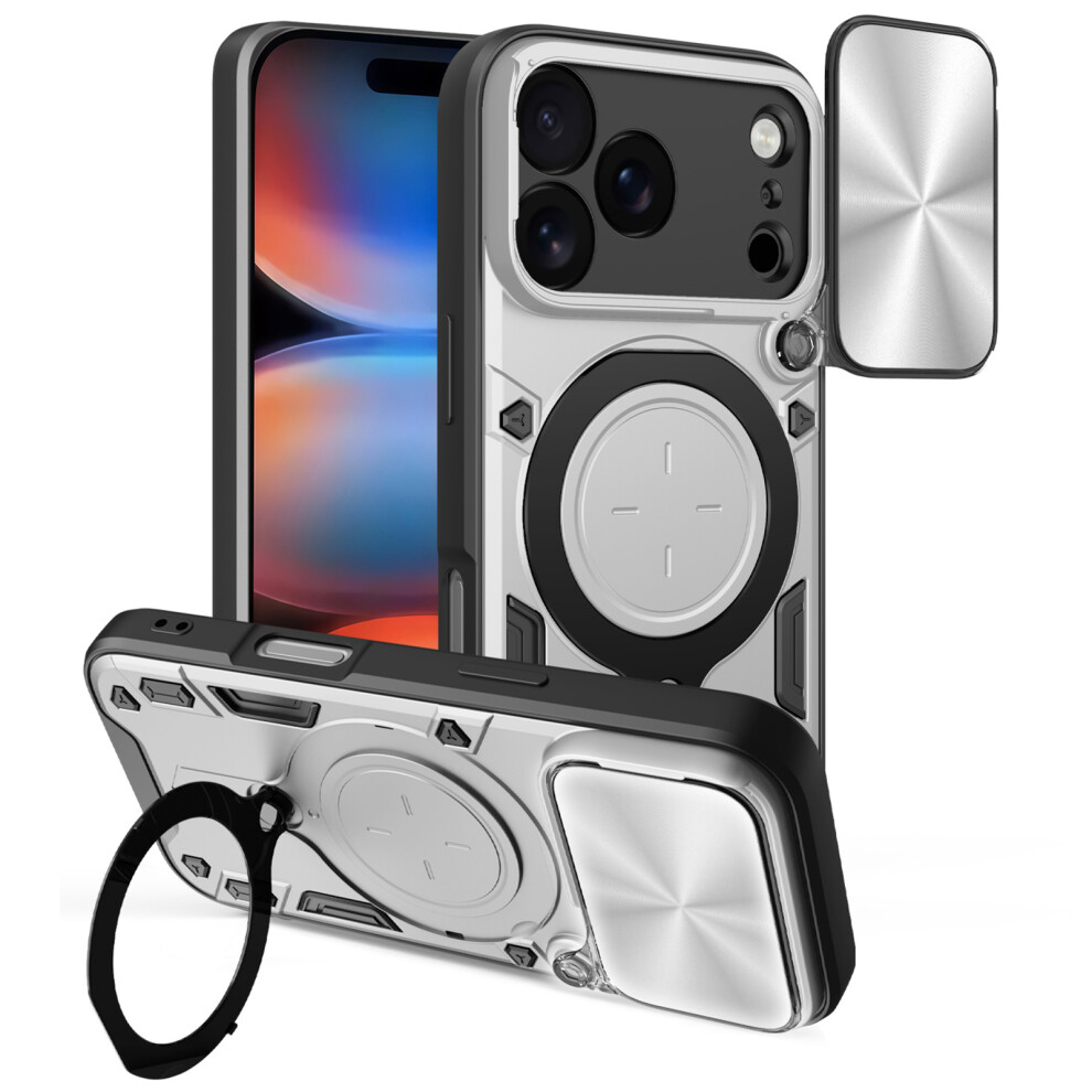 (Silver) For Iphone 17 Pro Case Tpu + Pc Phone Cover With Kickstand Slide Lens Window Silver 6914292297441