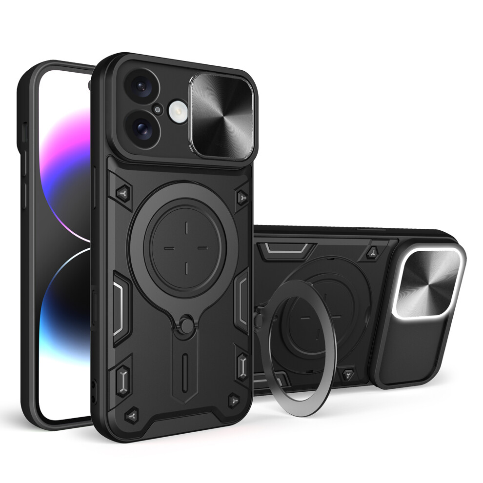 (Black) For Iphone 16 Case Tpu + Pc Phone Cover With Kickstand Slide Lens Window Black 6914296451375