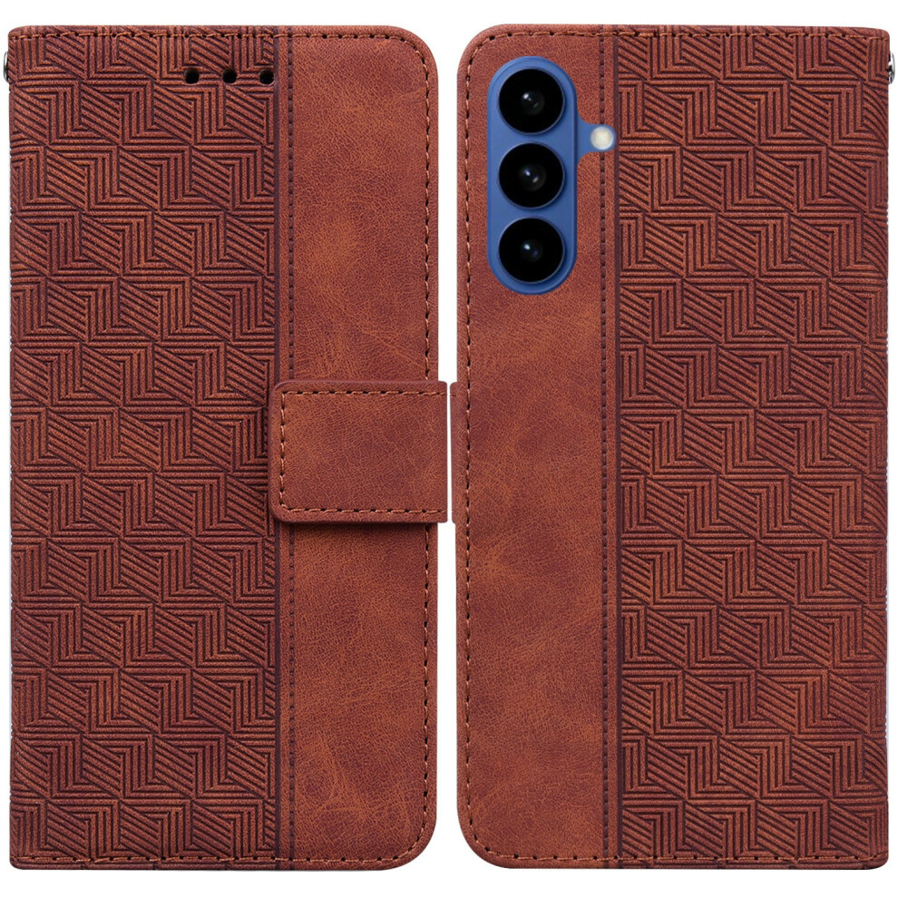 (Brown) For Samsung Galaxy A37 5G Case Geometry Pattern Leather Wallet Phone Cover With Wrist Strap Brown 6914290884247