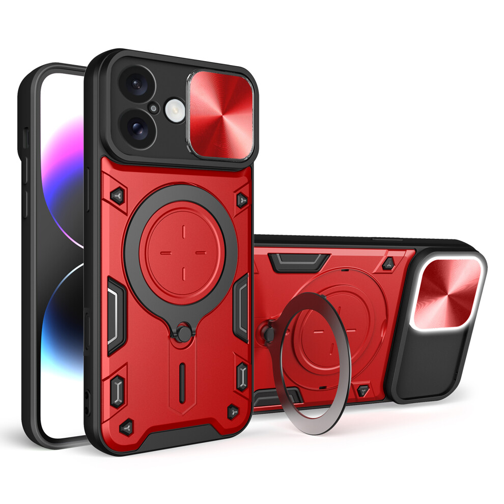 (Red) For Iphone 16 Case Tpu + Pc Phone Cover With Kickstand Slide Lens Window Red 6914294815179