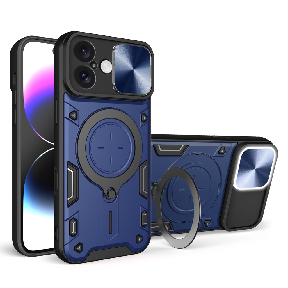 (Blue) For Iphone 16 Case Tpu + Pc Phone Cover With Kickstand Slide Lens Window Blue 6914294827462