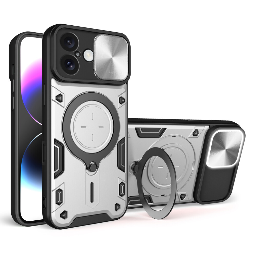 (Silver) For Iphone 16 Case Tpu + Pc Phone Cover With Kickstand Slide Lens Window Silver 6914293607942