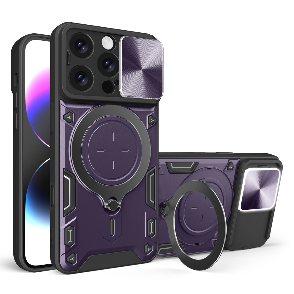 (Purple) For Iphone 16 Pro Case Tpu + Pc Phone Cover With Kickstand Slide Lens Window Purple 6914291273682