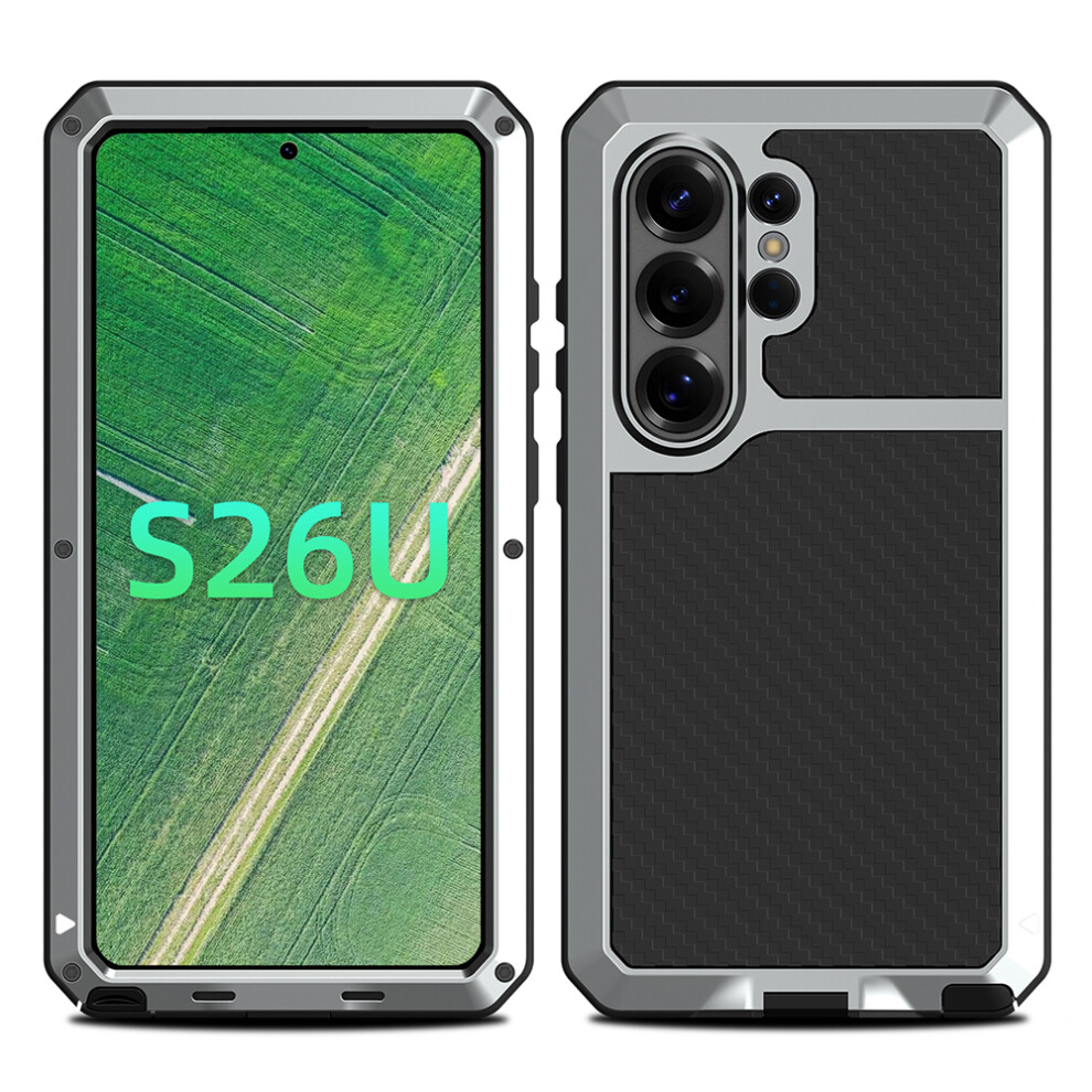 (Silver) For Samsung Galaxy S26 Ultra Case Silicone + Metal Phone Cover With Tempered Glass Screen Protector Silver 6914298222379