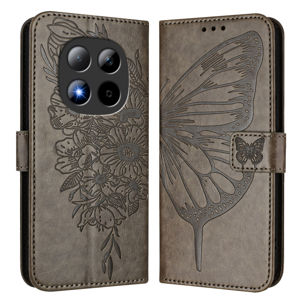 (Grey) For Xiaomi Redmi Note 15 Pro 5G (Global) Wallet Case With Wrist Strap Butterfly Imprint Leather Phone Cover Grey 6914292485183