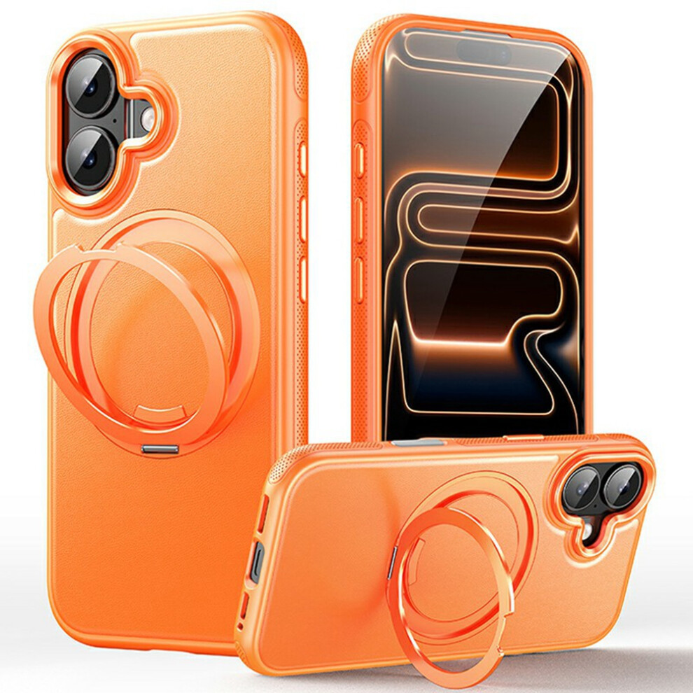 (Orange) For Iphone 16 Case Compatible With Magsafe Rotating Kickstand Litchi Texture Pc Tpu Phone Cover Orange 6914295730457
