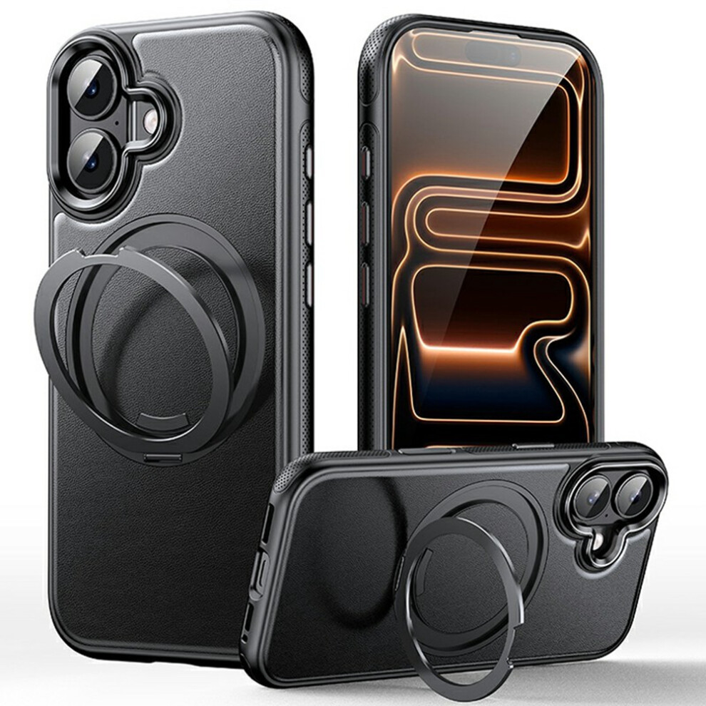 (Black) For Iphone 16 Case Compatible With Magsafe Rotating Kickstand Litchi Texture Pc Tpu Phone Cover Black 6914299689553